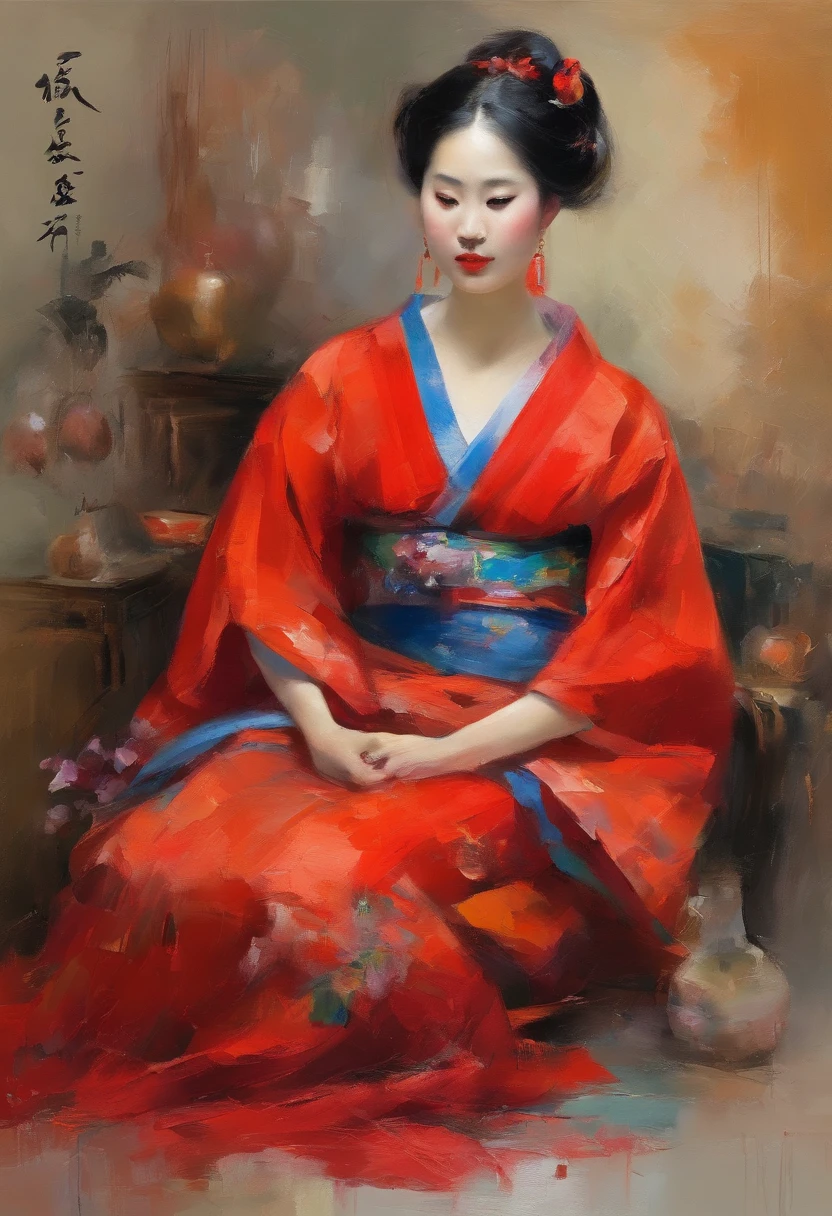 花魁、kimono、Turn around、the whole、full bodyesbian、Overall view、Gorgeous red kimono、Sister sitting、Beckoning、Smoke pipes