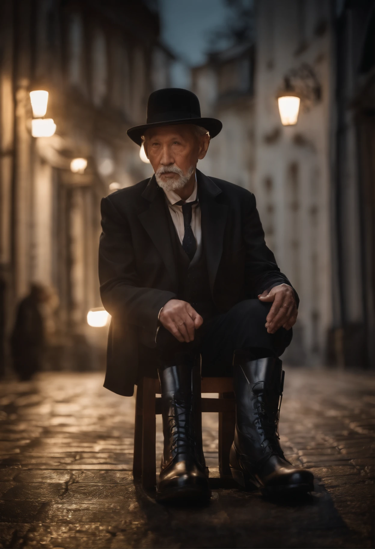 Old gentleman with a goatee,sit on chair,Eyes look at boots,Black high-gloss rain boots, 8K分辨率,Wallpaper masterpiece,Best quality,Highly meticulous,Ultra high quality,The midday sun is a bit dazzling。