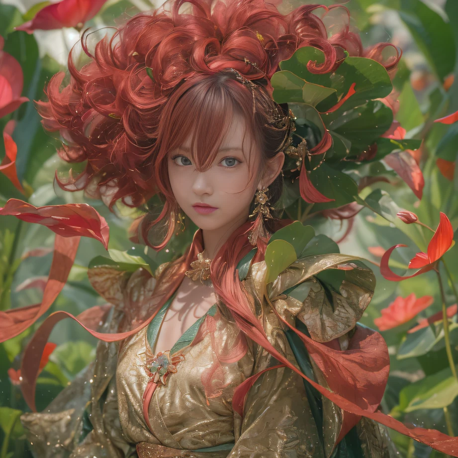 32K(tmasterpiece,k hd,hyper HD,32K)curlies,Flowing rouge,ponds,zydink, a color, Liaoning people (Charming girl), (Indigo scarf), Combat posture, looking at the ground, Flowing rouge curls,Green emerald tiara, Chinese long-sleeved rose gold garment, (Abstract gouache splash:1.2), Pink lotus background,Water lily flower protector(realisticlying:1.4),Rouge hair,Autumn is in full swing,The background is pure, A high resolution, the detail, RAW photogr, Sharp Re, Nikon D850 Film Stock Photo by Jefferies Lee 4 Kodak Portra 400 Camera F1.6 shots, Rich colors, ultra-realistic vivid textures, Dramatic lighting, Unreal Engine Art Station Trend, cinestir 800,Large curls,Flowing rouge