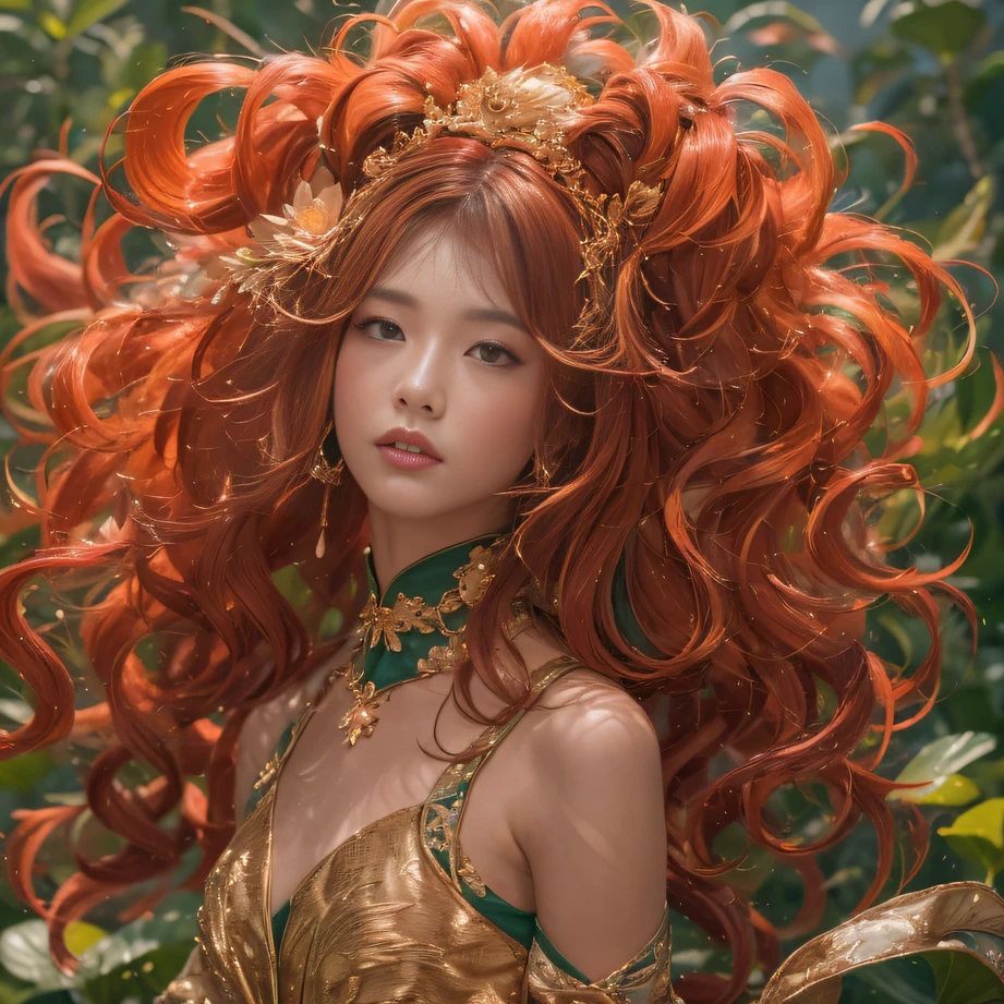 32K(tmasterpiece,k hd,hyper HD,32K)curlies,Flowing rouge,ponds,zydink, a color, Liaoning people (Charming girl), (Indigo scarf), Combat posture, looking at the ground, Flowing rouge curls,Green emerald tiara, Chinese long-sleeved rose gold garment, (Abstract gouache splash:1.2), Pink lotus background,Water lily flower protector(realisticlying:1.4),Rouge hair,Autumn is in full swing,The background is pure, A high resolution, the detail, RAW photogr, Sharp Re, Nikon D850 Film Stock Photo by Jefferies Lee 4 Kodak Portra 400 Camera F1.6 shots, Rich colors, ultra-realistic vivid textures, Dramatic lighting, Unreal Engine Art Station Trend, cinestir 800,Large curls,Flowing rouge