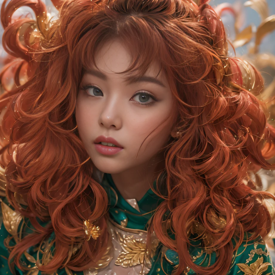 32K(tmasterpiece,k hd,hyper HD,32K)curlies,Flowing rouge,ponds,zydink, a color, Liaoning people (Charming girl), (Indigo scarf), Combat posture, looking at the ground, Flowing rouge curls,Green emerald tiara, Chinese long-sleeved rose gold garment, (Abstract gouache splash:1.2), Pink lotus background,Water lily flower protector(realisticlying:1.4),Rouge hair,Autumn is in full swing,The background is pure, A high resolution, the detail, RAW photogr, Sharp Re, Nikon D850 Film Stock Photo by Jefferies Lee 4 Kodak Portra 400 Camera F1.6 shots, Rich colors, ultra-realistic vivid textures, Dramatic lighting, Unreal Engine Art Station Trend, cinestir 800,Large curls,Flowing rouge