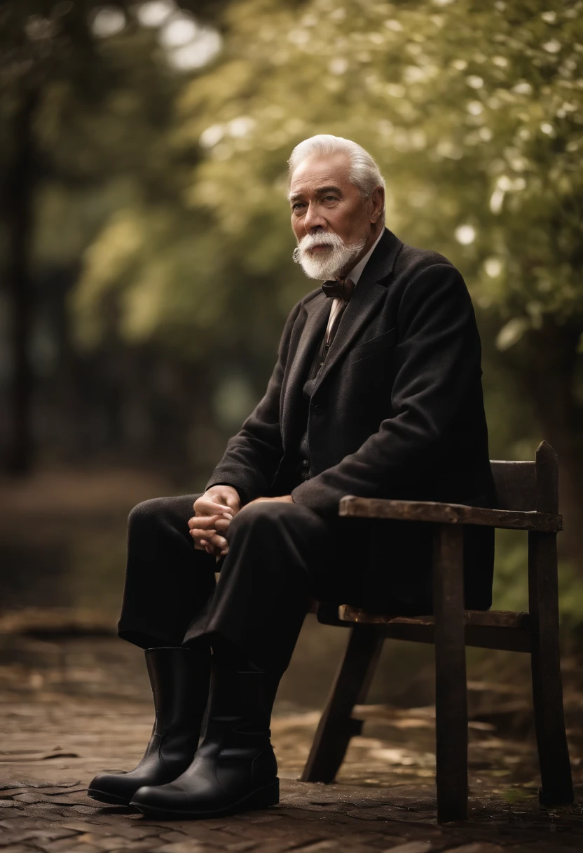 Old gentleman with a goatee,sit on chair,Eyes look at boots,Black high-gloss rain boots, 8K分辨率,Wallpaper masterpiece,Best quality,Highly meticulous,Ultra high quality,The midday sun is a bit dazzling。
