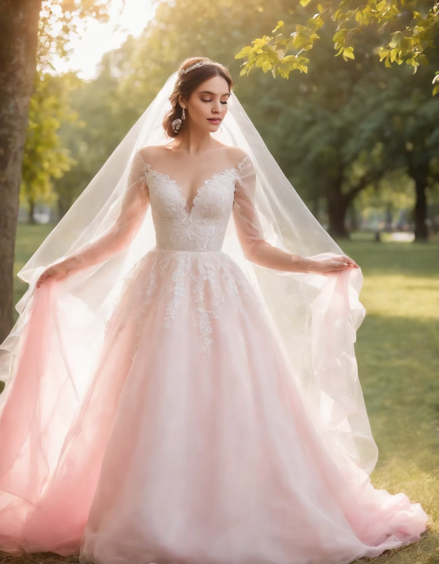 (Full body photograph of 1 girl dressed as a bride with large transparent veil and pink color dress + suave e delicado + cabelos loiros)+(Vestido longo em cores brilhantes, Luz brilhante, Cabelo loiro longo e liso + Olhos brilhantes e acolhedores)+(pink petals + Brisa suave + with blue sky and white clouds + Bosques verdes e floridos)