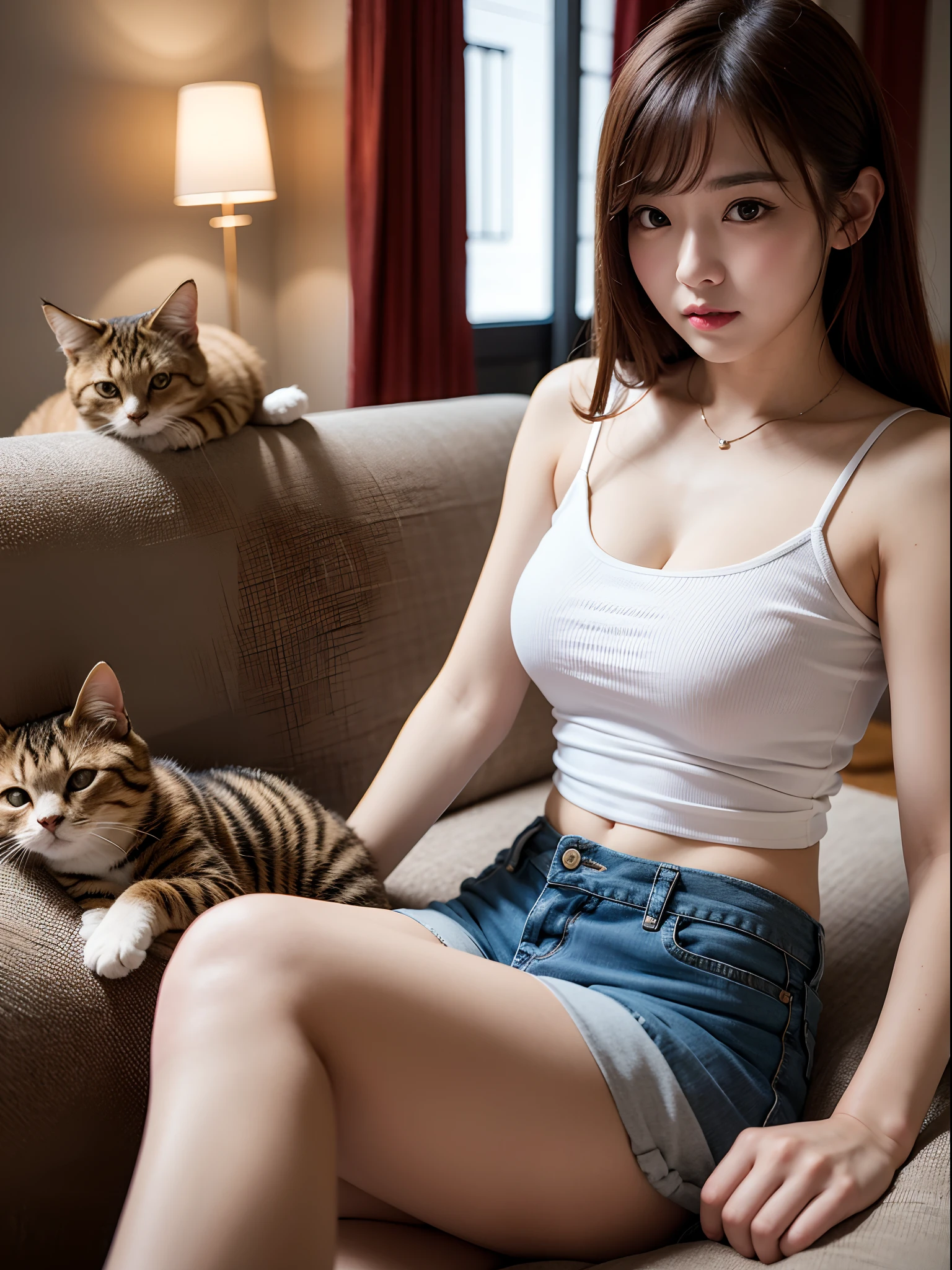 8K、Top image quality、masterpiece、An 18-year-old woman、Sitting on sofa with brown tiger cat in arms、(Cat licks her face)、Express happy time with cats with poses and facial expressions、Camisole、shortpants、Cinematic lighting