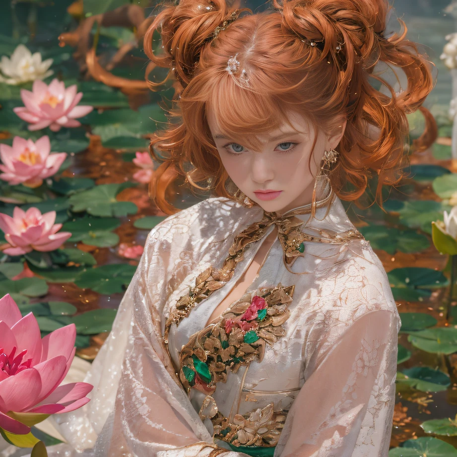 32K(tmasterpiece,k hd,hyper HD,32K)curlies,Flowing rouge,ponds,zydink, a color, Liaoning people (Charming girl), (Indigo scarf), Combat posture, looking at the ground, Flowing rouge curls,Green emerald tiara, Chinese long-sleeved rose gold garment, (Abstract gouache splash:1.2), Pink lotus background,Water lily flower protector(realisticlying:1.4),Rouge hair,Autumn is in full swing,The background is pure, A high resolution, the detail, RAW photogr, Sharp Re, Nikon D850 Film Stock Photo by Jefferies Lee 4 Kodak Portra 400 Camera F1.6 shots, Rich colors, ultra-realistic vivid textures, Dramatic lighting, Unreal Engine Art Station Trend, cinestir 800,Large curls,Flowing rouge