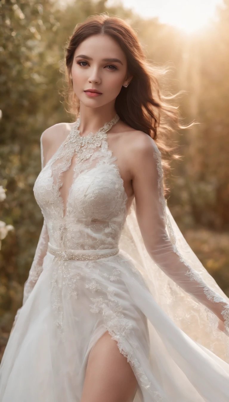 (professional 3d render:1.3) af (Realistic:1.3) most beautiful artwork photo in the world,tmasterpiece,best qualtiy,Private room photos,Star Girl,wedding photo,Full body photo of the front,No chest baring,Breasts become enlarged,Shoulders exposed,No navel,show legs,black lence stockings,White heels,Horsetail hair,Black color hair,Seductive expressions,White wedding dress,Lace craftsmanship,Dignified temperament,still face,Full body photo,Private photos,Angel wings,Angel face,necklace gold,White jade bracelet,Silver-toned stud earrings,White cape