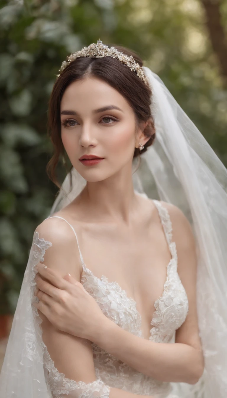 (professional 3d render:1.3) af (Realistic:1.3) most beautiful artwork photo in the world,tmasterpiece,best qualtiy,Private room photos,Star Girl,wedding photo,Full body photo of the front,No chest baring,Breasts become enlarged,Shoulders exposed,No navel,show legs,black lence stockings,White heels,Horsetail hair,Black color hair,Seductive expressions,White wedding dress,Lace craftsmanship,Dignified temperament,still face,Full body photo,Private photos,Angel wings,Angel face,necklace gold,White jade bracelet,Silver-toned stud earrings,White cape