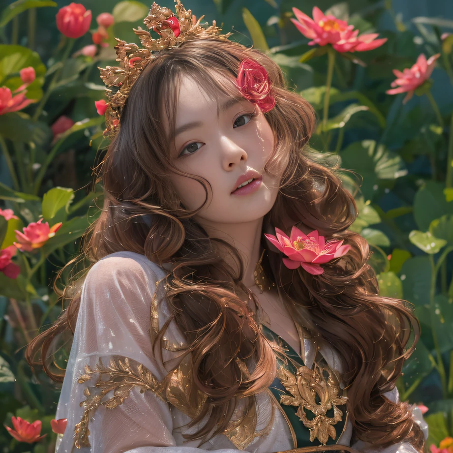32K（tmasterpiece，k hd，hyper HD，32K）curlies，Flowing rouge，ponds，zydink， a color，  Liaoning people （Charming girl）， （Indigo scarf）， Combat posture， looking at the ground，  Flowing rouge curls，Green emerald tiara， Chinese long-sleeved rose gold garment， （Abstract gouache splash：1.2）， Pink lotus background，Water lily flower protector（realisticlying：1.4），Rouge hair，Autumn is in full swing，The background is pure， A high resolution， the detail， RAW photogr， Sharp Re， Nikon D850 Film Stock Photo by Jefferies Lee 4 Kodak Portra 400 Camera F1.6 shots, Rich colors, ultra-realistic vivid textures, Dramatic lighting, Unreal Engine Art Station Trend, cinestir 800，Large curls，Flowing rouge