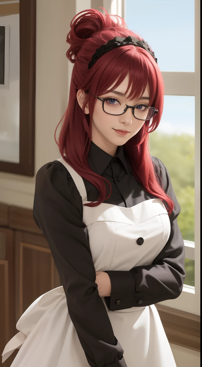 best quality, (masterpiece:1.2), detailed,
1girl, solo, closed mouth, smile,
ponytail, long hair, red hair, purple eyes, glasses,
maid headdress, maid, long sleeves, collared shirt, black shirt, maid apron
standing, looking at the viewer,
indoors, window, perfect finger