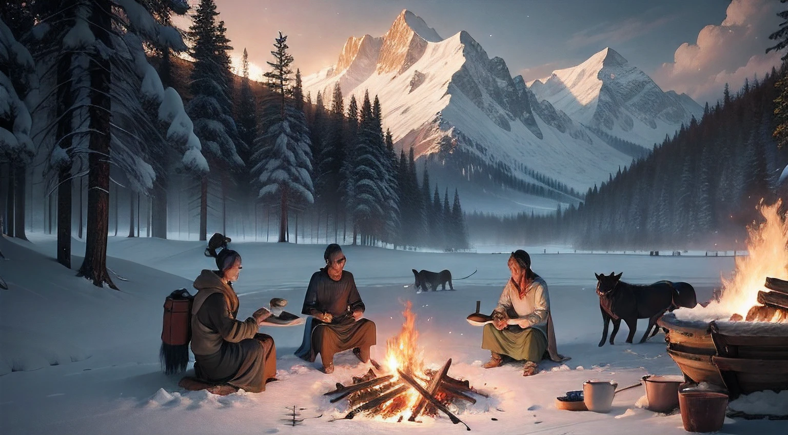 high-definition quality,Presents a wild landscape,Sparse plants,Ferocious beasts,Echoing the background of the natural energy era。A group of primitive people can be seen using natural energy,Such as wood and campfires to warm up and cook food,Size requirements 1920x1080