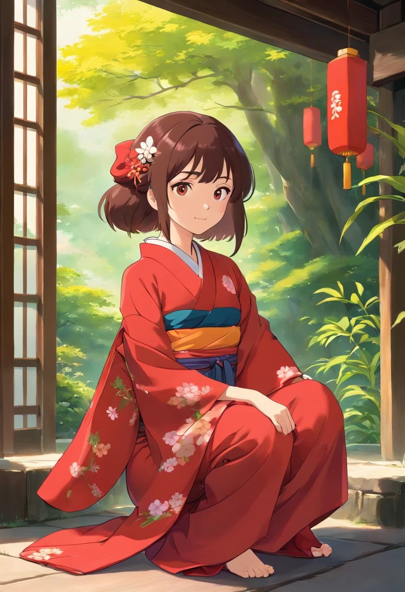 花魁、kimono、Turn around、the whole、full bodyesbian、Overall view、Gorgeous red kimono、Sister sitting、Beckoning
