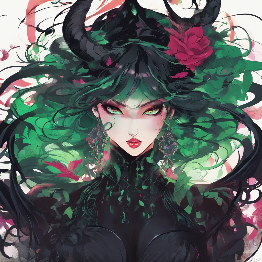 (black hair, green eyes:1.1) thicc succubus, (thigh-high fishnets:1.1), seductive expression, (beautiful detailed eyes, beautiful detailed lips), (demon horns), (voluptuous body), (dark atmosphere), (sensual pose), (soft lighting), (provocative outfit), (dark fantasy), (lush background), (high-res, 4k), (vivid colors), (dramatic lighting), (elegant curves), (sinister charm), (erotic undertones), (alluring beauty), (temptation), (exquisite details), (mythical creature), (seductive aura), (captivating gaze), (lush hair), (mysterious allure), (supernatural vibe), (sensual presence), (charismatic feminity), (enchanting silhouette), (enticing energy), (provocative ambiance), (fantasy charm), (mystical seductress), (intense charisma), (spellbinding allure), (mesmerizing figure), (bewitching elegance), (magnetic grace) wearing fur lined dress