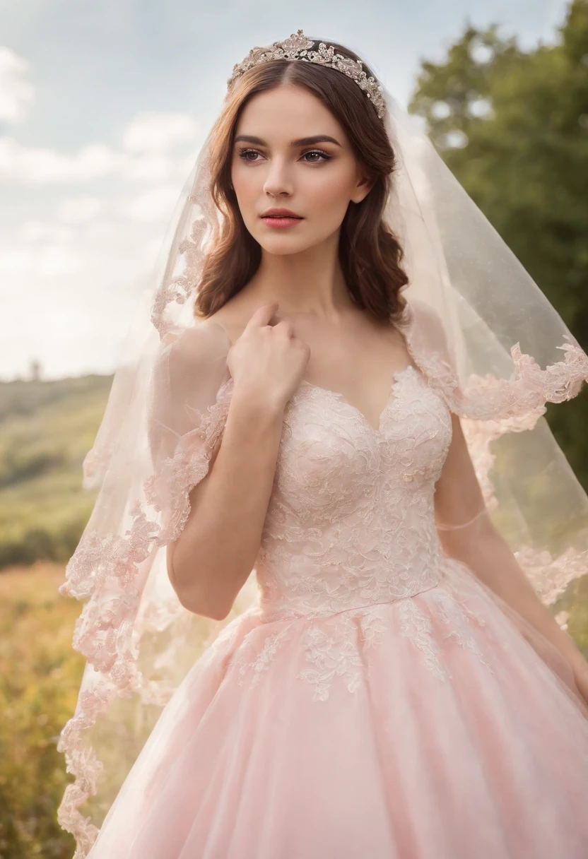 (Photograph of 1 girl dressed as a bride with large transparent veil and pink color dress + suave e delicado)+(Vestido longo em cores brilhantes, Luz brilhante, Cabelo loiro longo e liso + Olhos brilhantes e acolhedores)+(pink petals+ Brisa suave+ with blue sky and white clouds + Bosques verdes)