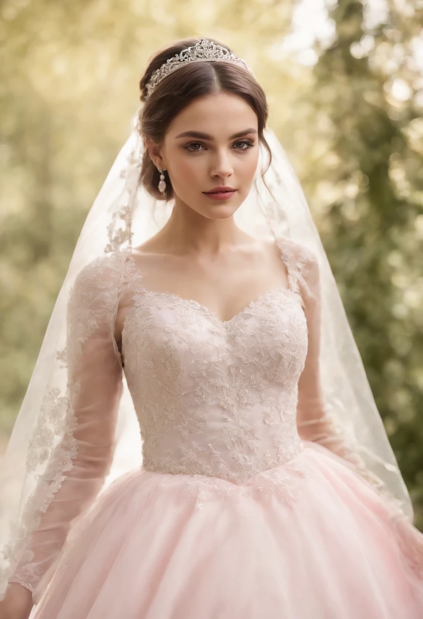 (Photograph of 1 girl dressed as a bride with large transparent veil and pink color dress + suave e delicado)+(Vestido longo em cores brilhantes, Luz brilhante, Cabelo loiro longo e liso + Olhos brilhantes e acolhedores)+(pink petals+ Brisa suave+ with blue sky and white clouds + Bosques verdes)