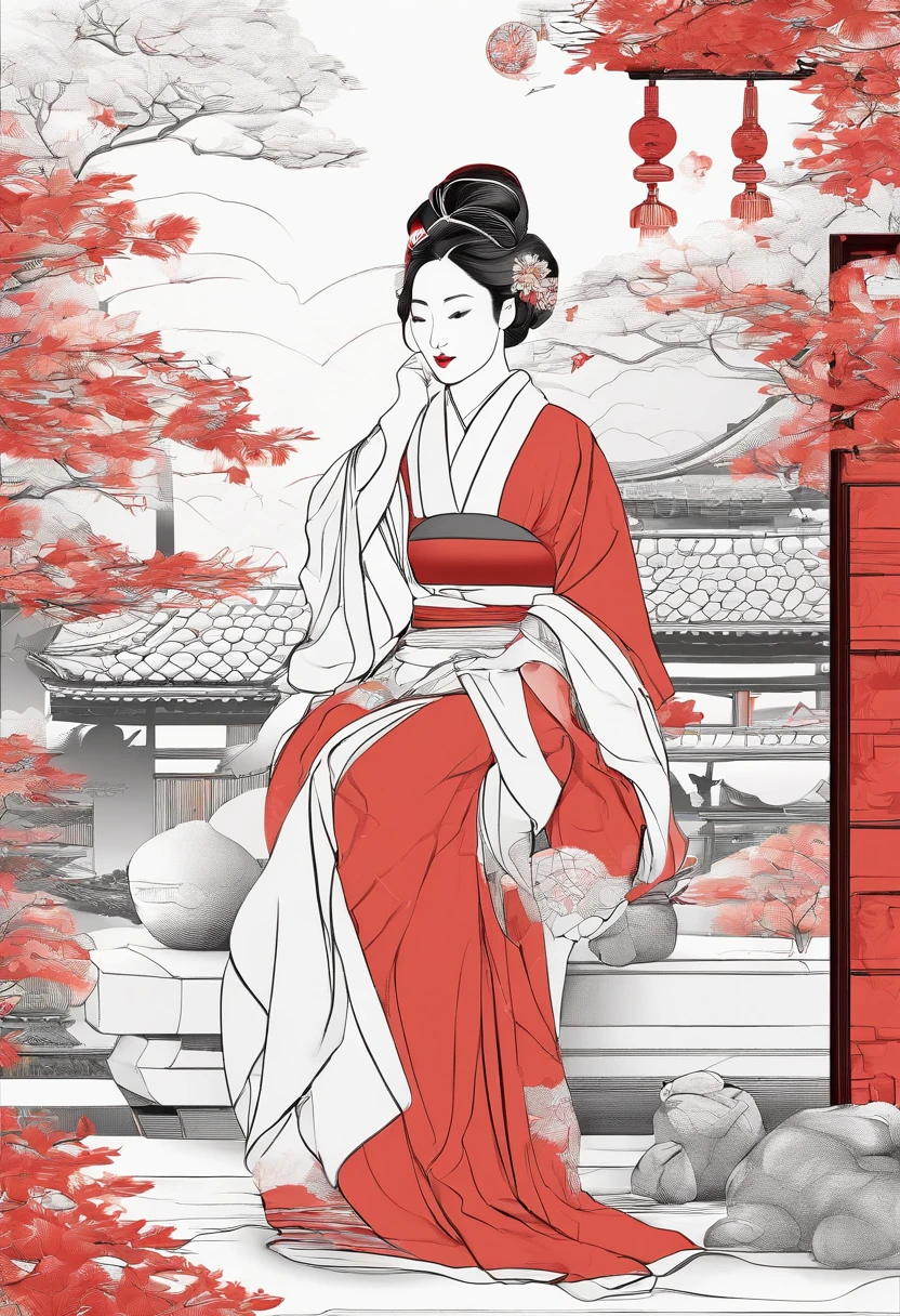 花魁、kimono、Turn around、the whole、full bodyesbian、Overall view、Gorgeous red kimono、Sister sitting、Beckoning