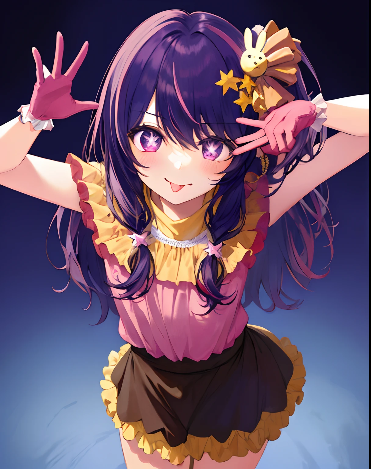 1girl, full body, cowboy shot,
(Rembrandt), illustration, (masterpiece), (best quality), (ultra_detailed), finely detail, (Depth of field),
HshinoAi,gloves, tongue out, tongue, long hair, star \(symbol\), looking at viewer, (purple hair:1.2), purple eyes, upper body, hair ornament, :p, frills, pink shirt, smile, sleeveless, shirt, idol, symbol-shaped pupils, hands up, bangs, one side up, star-shaped pupils, arms up,
dress pull,
Roaring Twenties, isometric, from above, sky, flower, cliff,