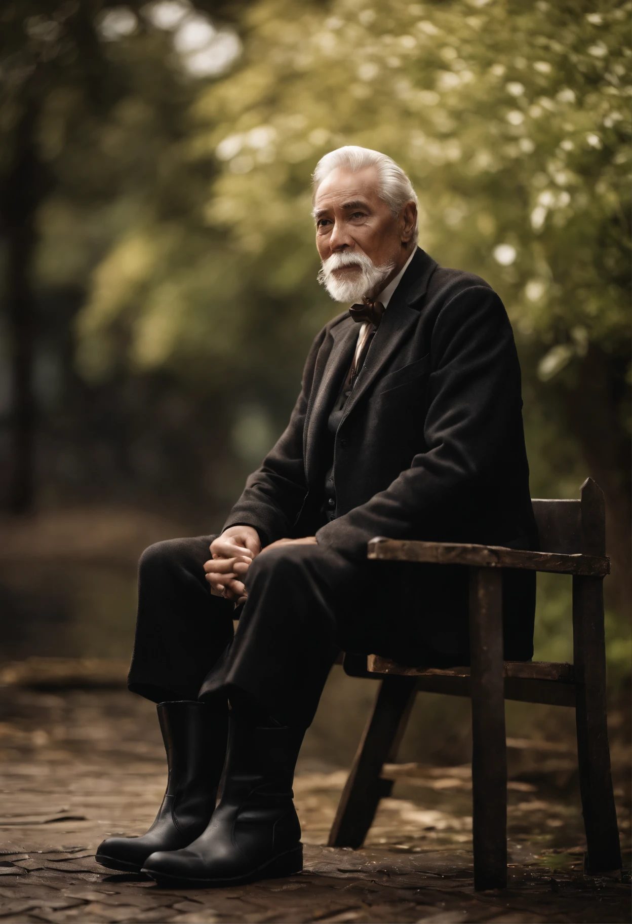 Old gentleman with a goatee,sit on chair,Eyes look at boots,Black high-gloss rain boots, 8K分辨率,Wallpaper masterpiece,Best quality,Highly meticulous,Ultra high quality,The midday sun is a bit dazzling。