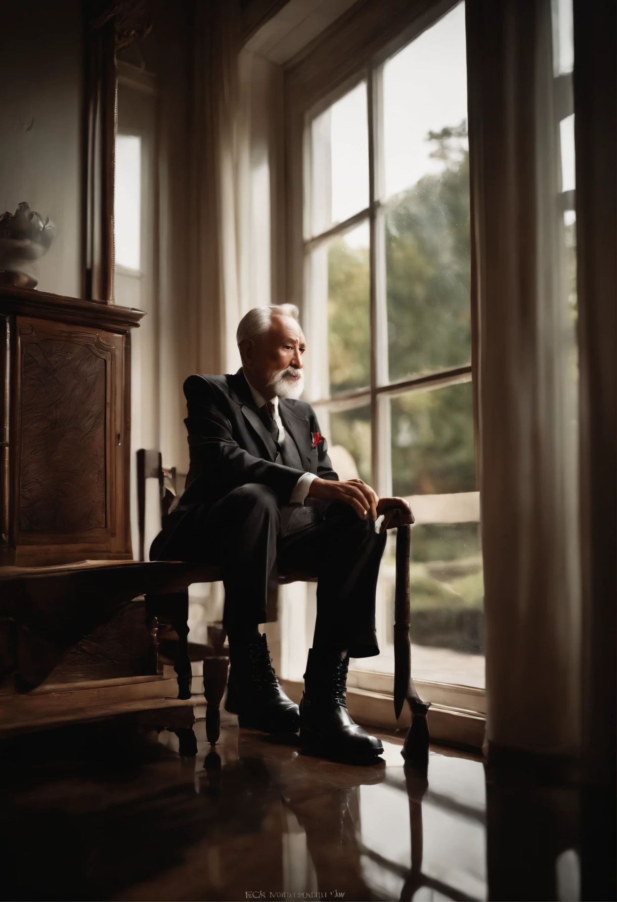 Old gentleman with a goatee，sit on chair，Eyes look at boots，Black high-gloss rain boots, 8K分辨率,Wallpaper masterpiece，Best quality，Highly meticulous，Ultra high quality，The midday sun is a bit dazzling。