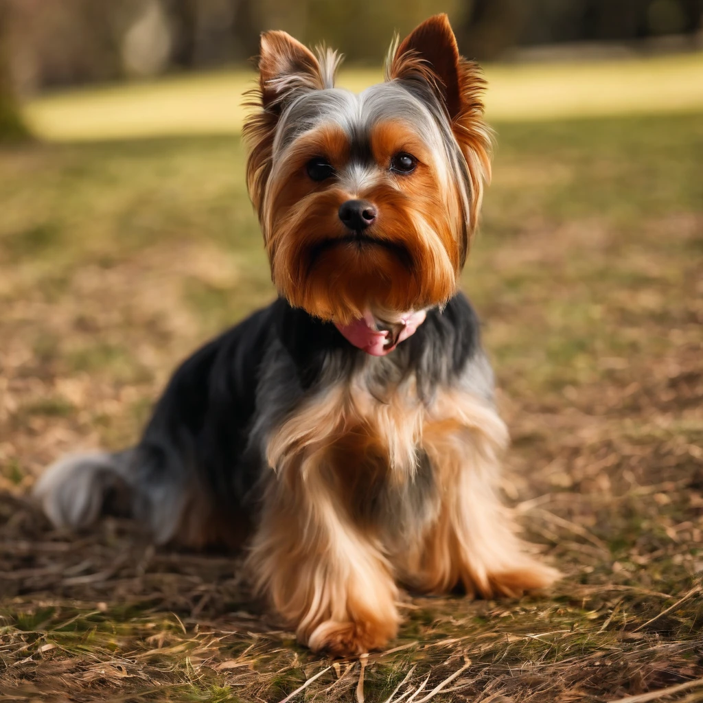 Cao fofo da raca Yorkshire Terrier ofegante com laco rosa proximo a orelha e uma patinha levantada