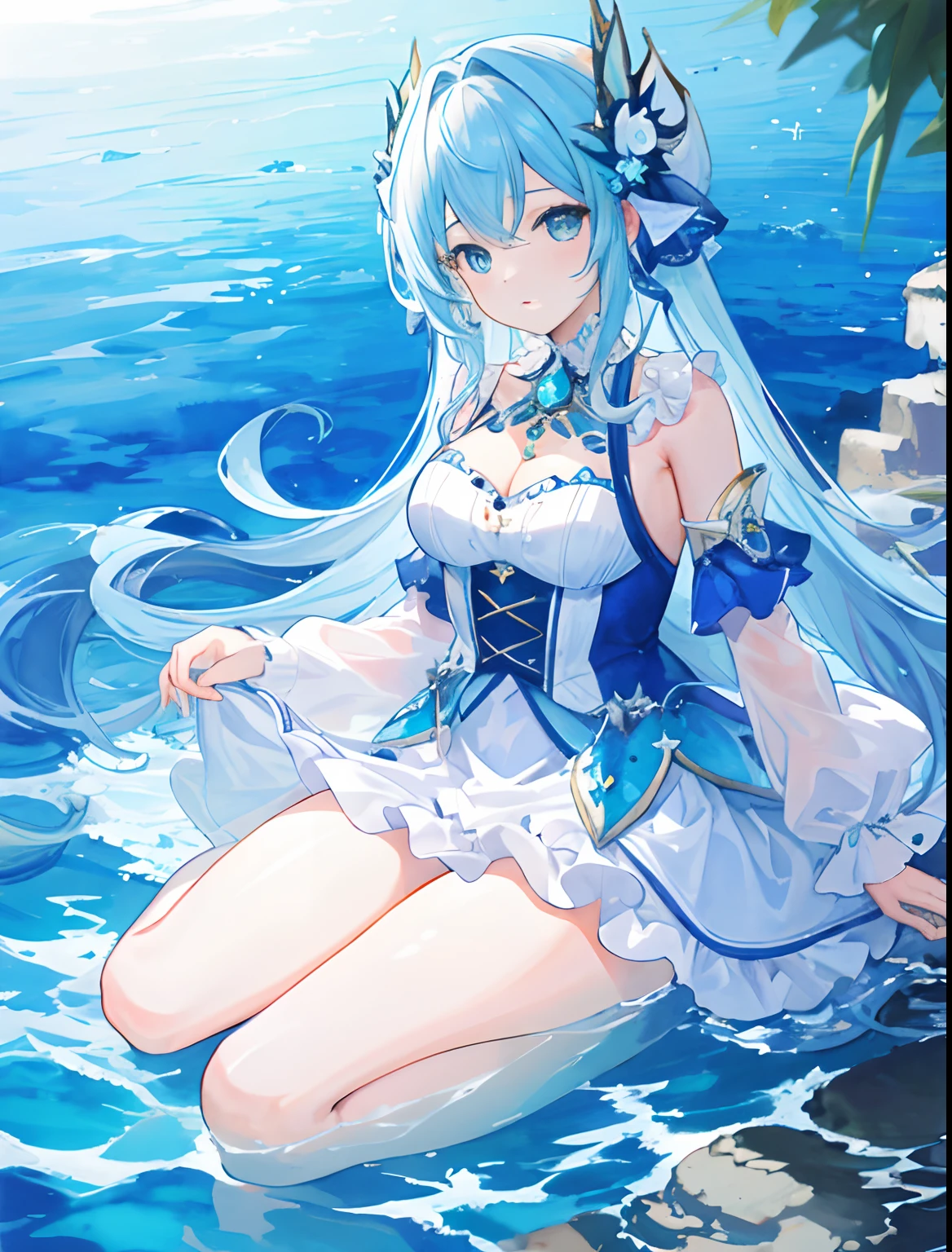 (ultra-detailed, high resolution, masterpiece) 1girl, cetus, coda, oceanodynamic angle, deep ocean, watercolor, sparkling highlights.