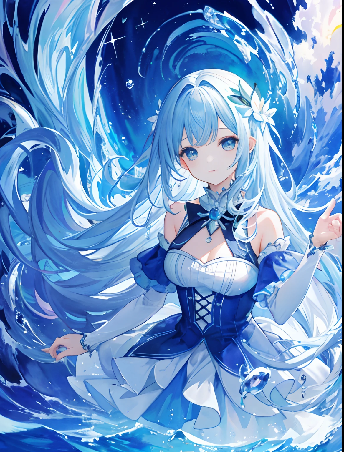 A woman with long white hair and blue eyes in a dress - SeaArt AI