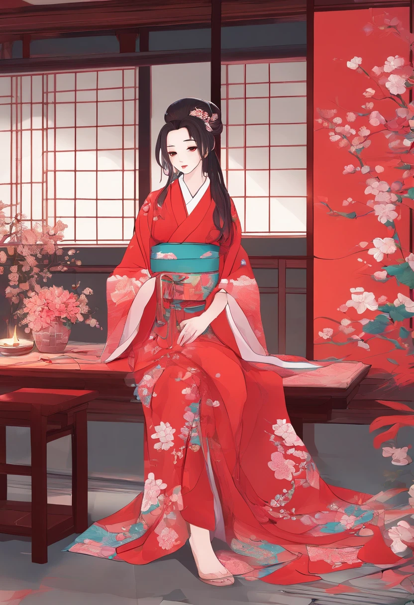 花魁、kimono、Turn around、the whole、full bodyesbian、Overall view、Gorgeous red kimono、Sister sitting、Beckoning