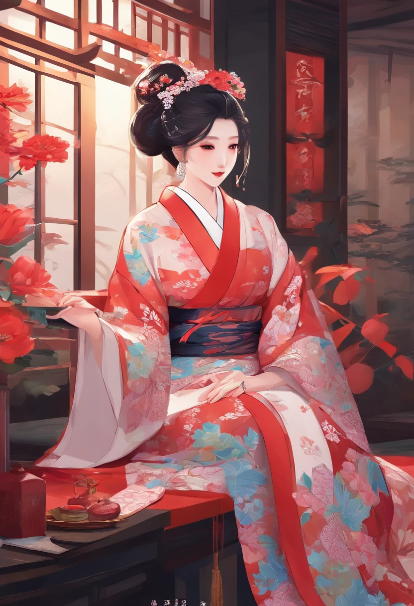 花魁、kimono、Turn around、the whole、full bodyesbian、Overall view、Gorgeous red kimono、Sister sitting、Beckoning