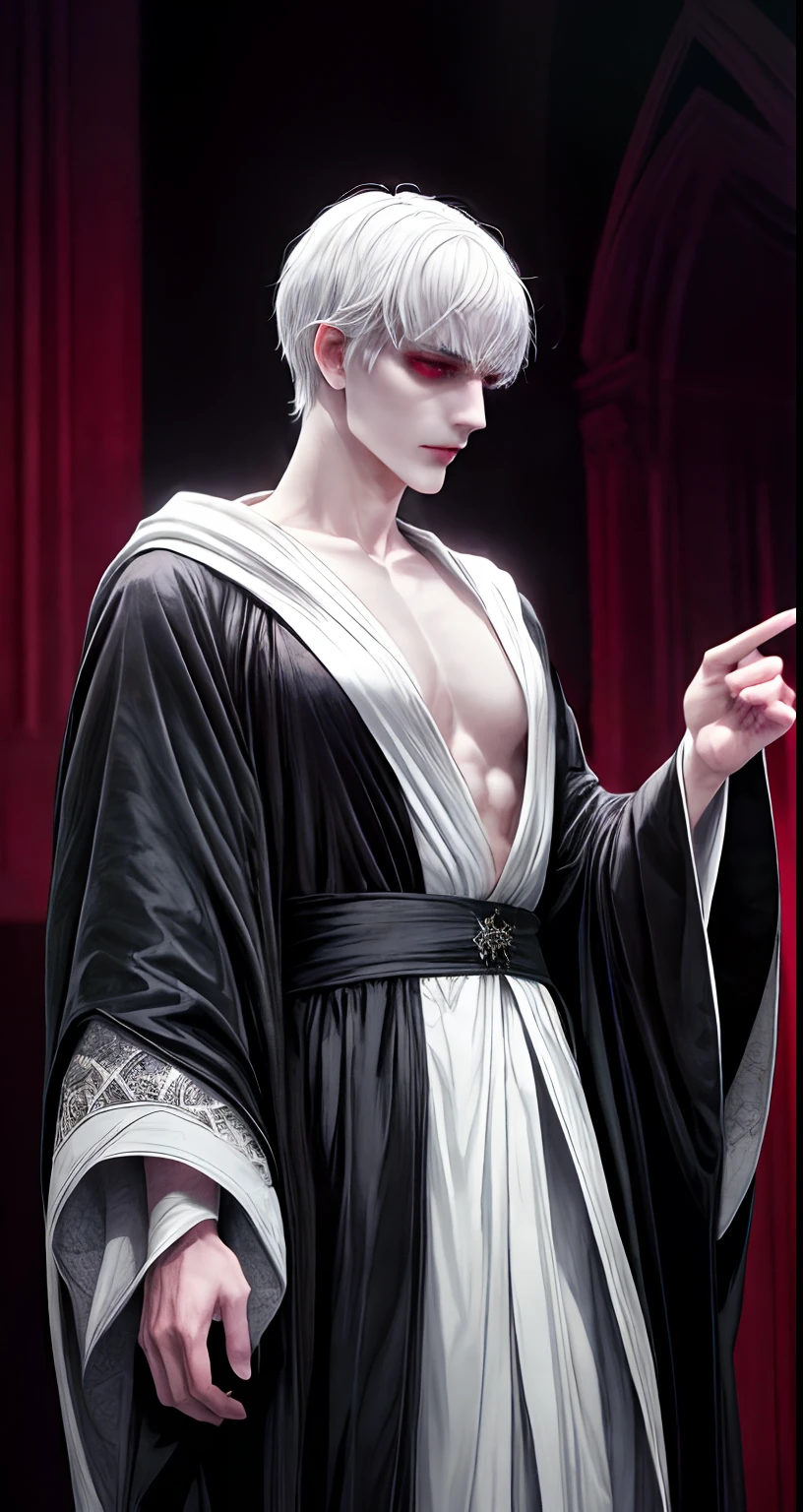1guy, solo, mature, realistic image of a man in a gothic outfit, ((wearing aristocrat robe)), bangs, white haired deity, tall guy with crimson eyes, beautiful male god of death, handsome male vampire, handsome prince, realistic key visual of elegant, handsome vampire prince, masterpiece