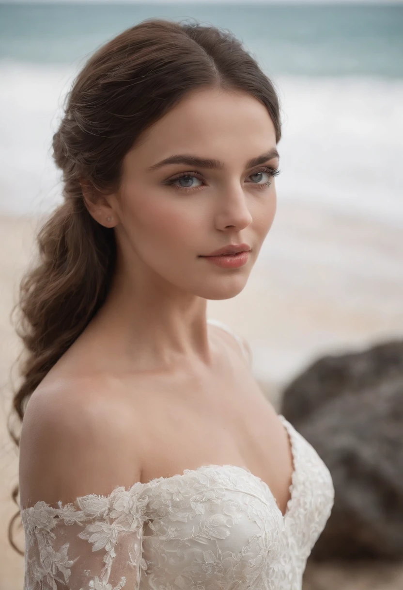1 menina bonita, (Realistic:1.3) corpo inteiroesbian, Standing photo, Fique em frente ao mar azul, vestido de noiva branco, vestido macio, Cabelo loiro, olhos azuis, cabelos ondulados, master part, lighting soft fuzzy, retrato, melhor qualidade (rosto perfeito:1.4), ultrarrealista altamente detalhado, Complex and realistic simulation style photos,Concentre-se claramente nos olhos, Cinematic lighting, studio shoot, pose elegante