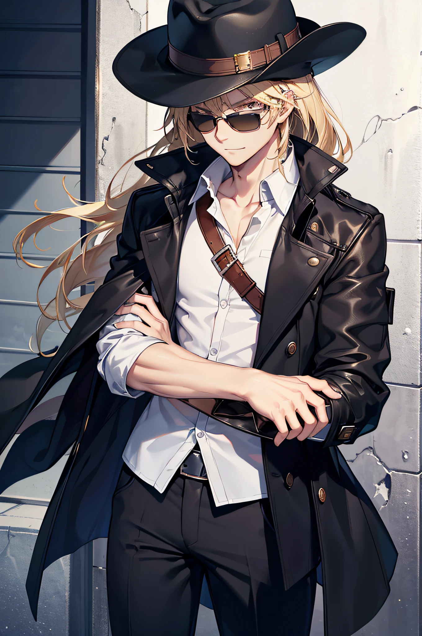1.5, best quality, high quality, High definition, High quality texture, High quality shadow, high detail, beautiful detailed, finely detailed, extremely detailed cg, detailed texture, 1man, boy, male, black trench coat, no shirt underneath, six pack, black cowboy hat, long hair, blonde hair, sunglasses, black pants, cowboy boots underneath pants, sleeves rolled up partially, fingerless gloves, smirking, johnny from guilty gear
