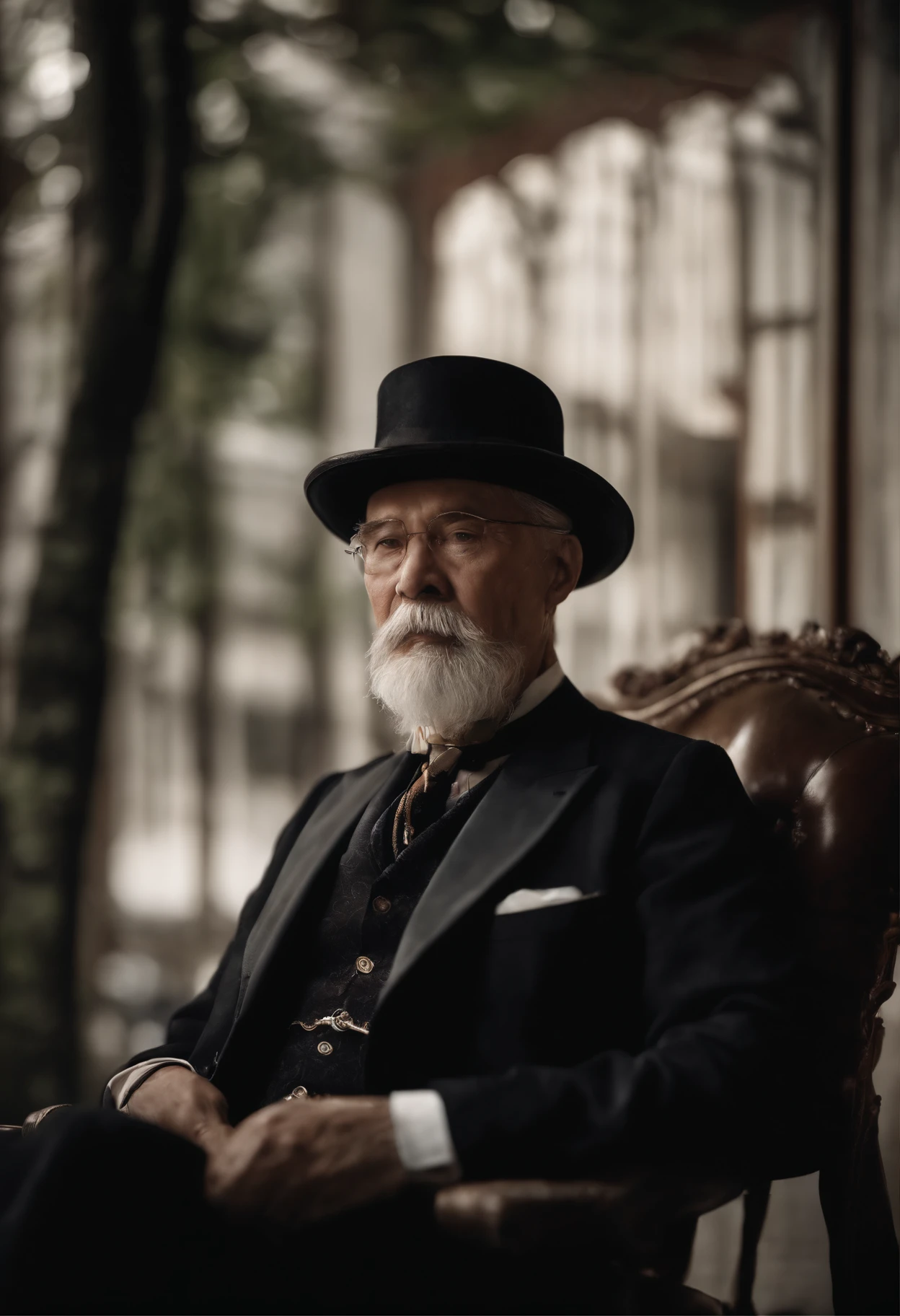 Old gentleman with a goatee,sit on chair,Eyes look at boots,Black high-gloss rain boots, 8K分辨率,Wallpaper masterpiece,Best quality,Highly meticulous,Ultra high quality,The midday sun is a bit dazzling。