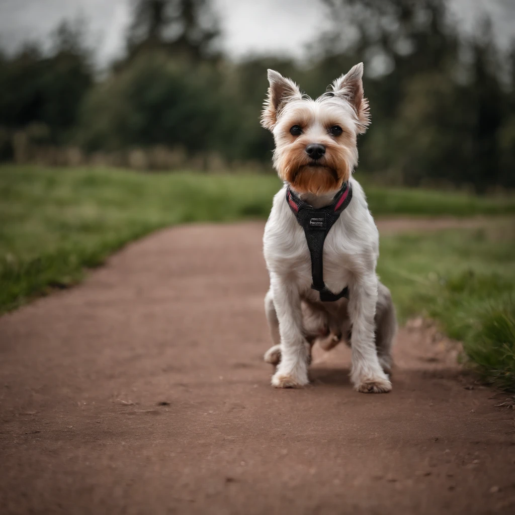 Cao fofo da raca Biewer Terrier ofegante com laco rosa proximo a orelha e uma patinha levantada