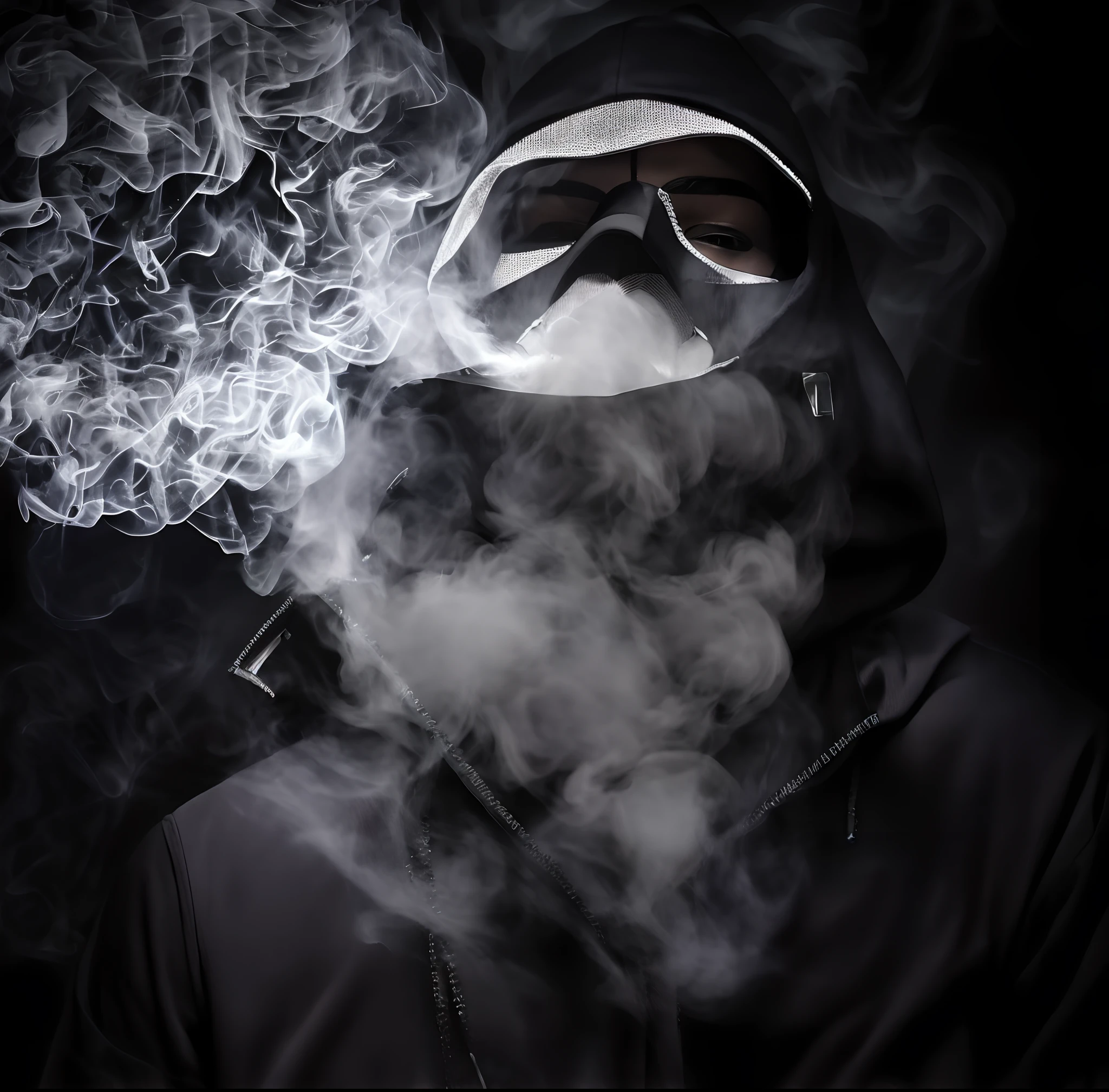 arafed mask with smoke coming out of it and a man in a hoodie, anonymous mask, anonymous, white man with black fabric mask, dramatic smoking pose, twisted god with no face, anonymous as a car, with dark ghost smokes around, anonymous as a sausage, profile picture 1024px, masked, ) ominous vibes
