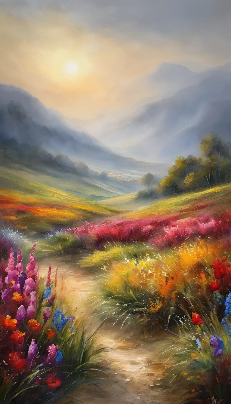 Field with beautiful flowers for meditation due to great beauty.(clivagem em close-up),meditar,Zazen,Um meditativo(Pintura de paisagem chinesa),(pintura a tinta e aquarela),(Papel de parede 8k),(Efeito de Luz e Sombra),rendering by octane,White balance design,Extremely detailed image representation,Wide angles,profundidade de campos,tmasterpiece,realista,lindamente retratado,um detalhado,acurate,Obras de mestres,tmasterpiece