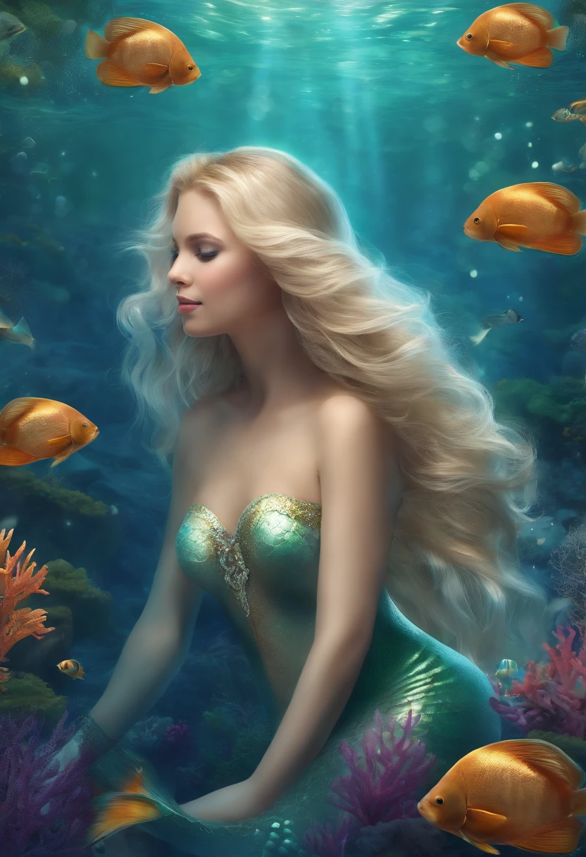 full-body portraits ,Mermaids swimming underwater. Digital illustration, Beautiful long blonde hair and angelic face, 16k, Ultra-high-quality rendering,fantasy-realism, Bokeh, ultra - detailed, Detailed background full body,Shell jewelry to wear,mermaids(mermaid),beautiful fish tail(Mermaid tail),There are colorful spirit blocks on the tail.Transparent psychological fragments(Colorful scales),Best quality,Masterpiece,ocean floor,greene eyes,White hair,Sparkling,Conceptual art of marine life, Undersea landscape, Marine life,Beautiful coral reefs come in different shapes,,Shining on the face,Front close-up,Highly detailed facial features, beautiful and flawless face,A faint spirit piece appeared on his face, Perfect eyes,full body detailing,There are many colorful fish swimming around,The mystery and beauty of the ocean, The painting depicts an underwater world full of life and vitality, Animated art wallpaper 8 K