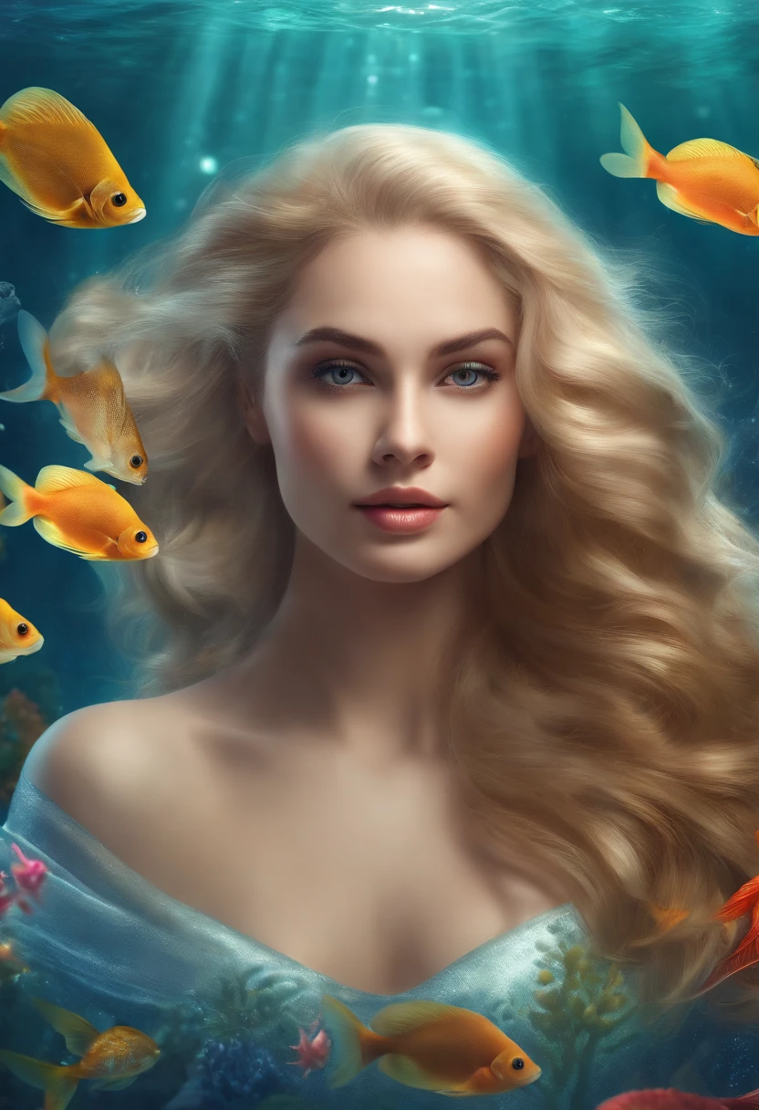 full-body portraits ,Mermaids swimming underwater. Digital illustration, Beautiful long blonde hair and angelic face, 16k, Ultra-high-quality rendering,fantasy-realism, Bokeh,  ultra - detailed, Detailed background full body，Shell jewelry to wear，mermaids（mermaid），beautiful fish tail（Mermaid tail），There are colorful spirit blocks on the tail.Transparent psychological fragments（Colorful scales），Best quality，Masterpiece，ocean floor，greene eyes，White hair，Sparkling，Conceptual art of marine life, Undersea landscape, Marine life，Beautiful coral reefs come in different shapes，，Shining on the face，Front close-up，Highly detailed facial features, beautiful and flawless face,A faint spirit piece appeared on his face， Perfect eyes，full body detailing，There are many colorful fish swimming around，The mystery and beauty of the ocean, The painting depicts an underwater world full of life and vitality, Animated art wallpaper 8 K