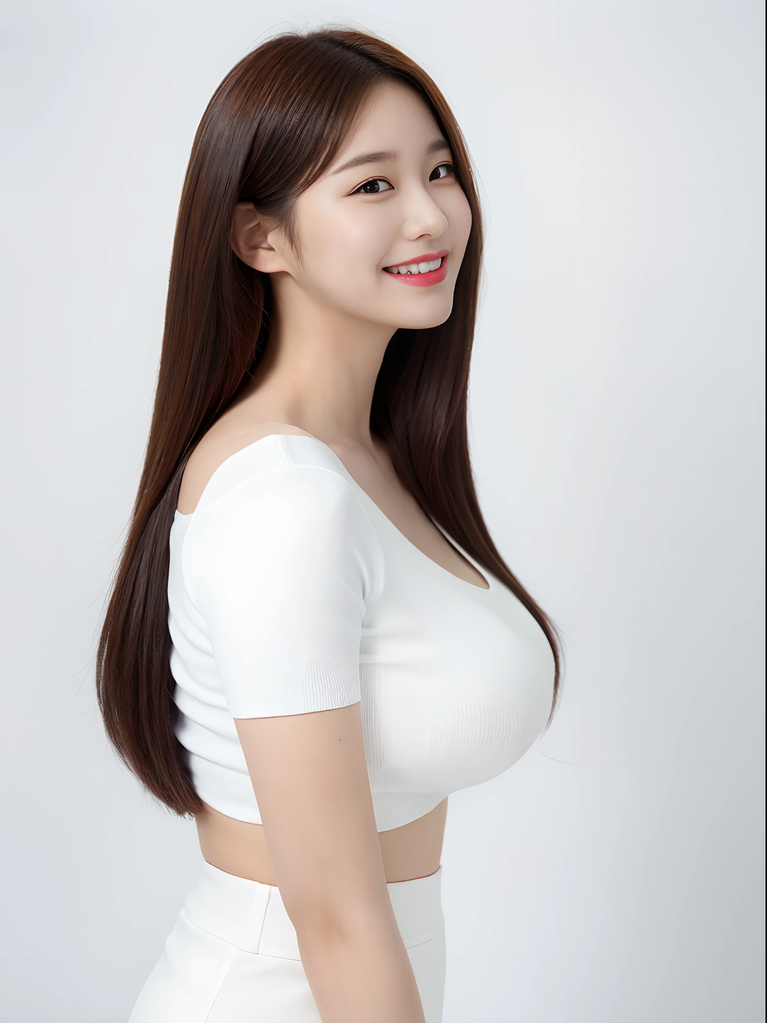 Best quality at best, masterpiece, 1Girl, beautifull face, (Photo Photorealistic:1.3), rim lighting, (High-detail skins:1.2), 8K UHD, DSLR, highs quality, high resolucion, 8K, Bokeh, absurderes, Best Ratio Four Fingers and One Thumb, (realisitic: 1.3), cute 1girl, white tea, mediuml breasts, short skirts, ((White background)), ((profile photo)), Smiling faces, Korean Idol Makeover