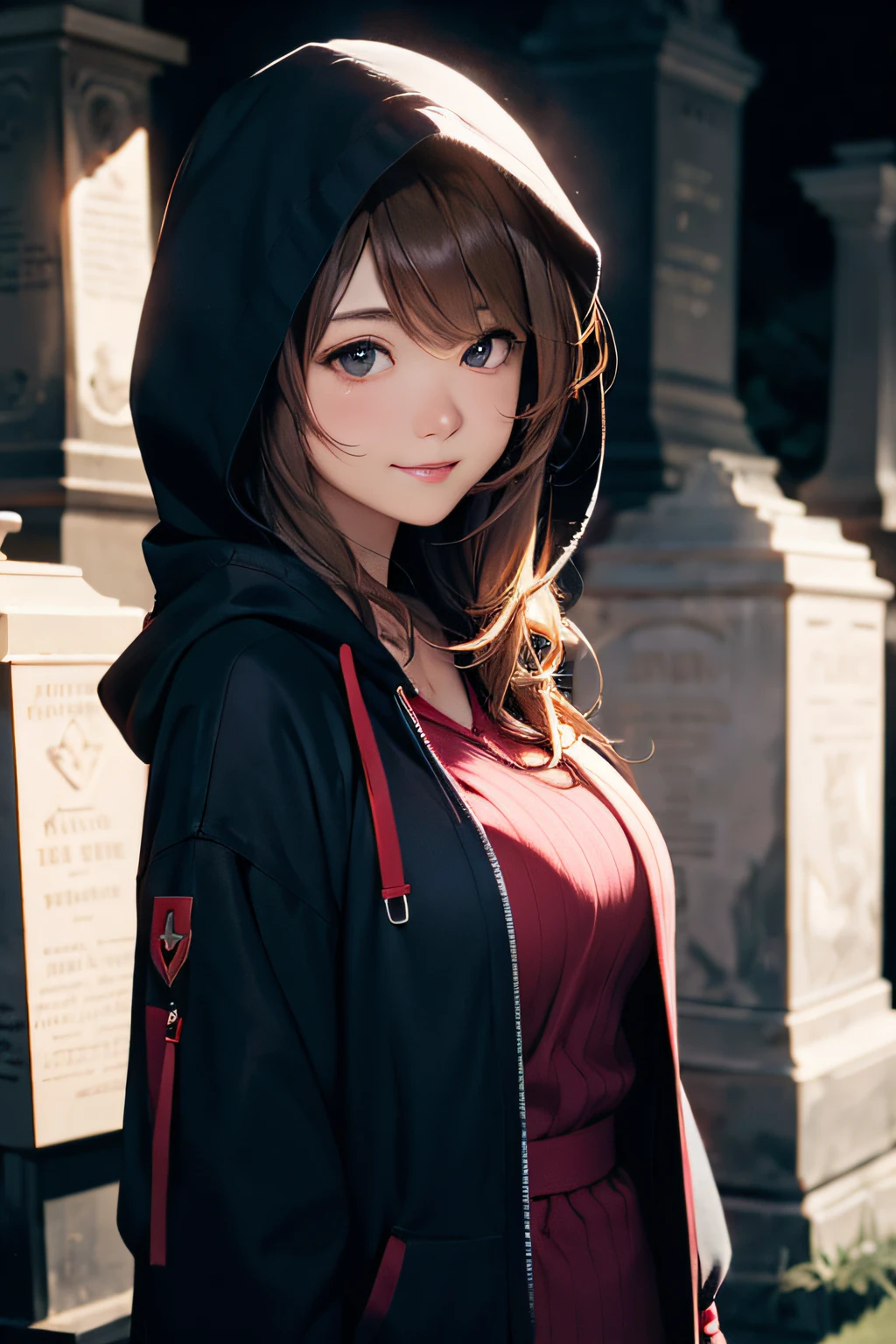 Cute hooded Grim Reaper shrouded in dark mist,Wielding a scythe,Emerge from the swirling shadows.Stand in the Cemetery of Forgotten Souls.(light brown and red striped hair,,,,,,,,,,:1.3,),Perfect face,Proper body proportion,masutepiece,Super high-quality output images,超A high resolution,Intricate details,Extremely delicate and beautiful,photographrealistic,Dreamy,Professional Lighting,realistic shadow,Solo Focus,Beautiful hands,Beautiful fingers,Beautiful breast slip、Detailed red mouth、Detailed red cheeks、Smile of shame、