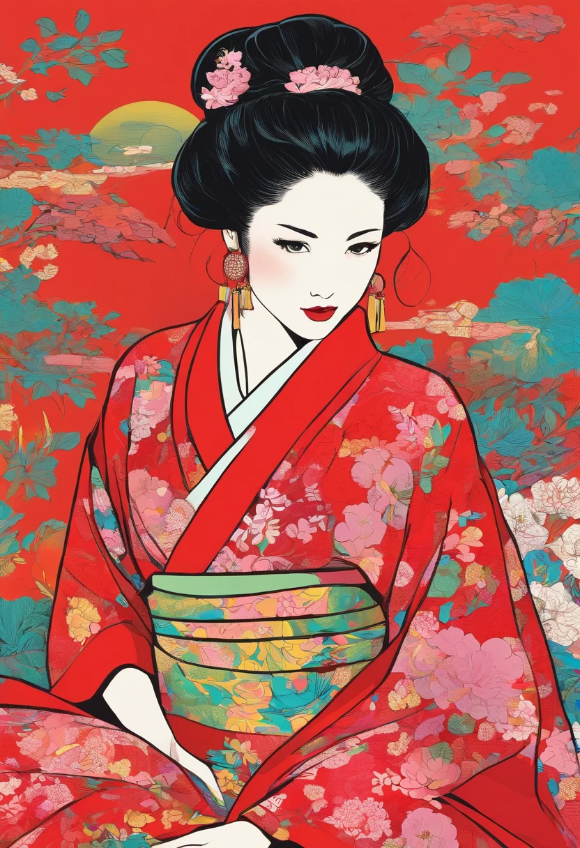 A painting of a woman in a kimono sitting on a red background - SeaArt AI