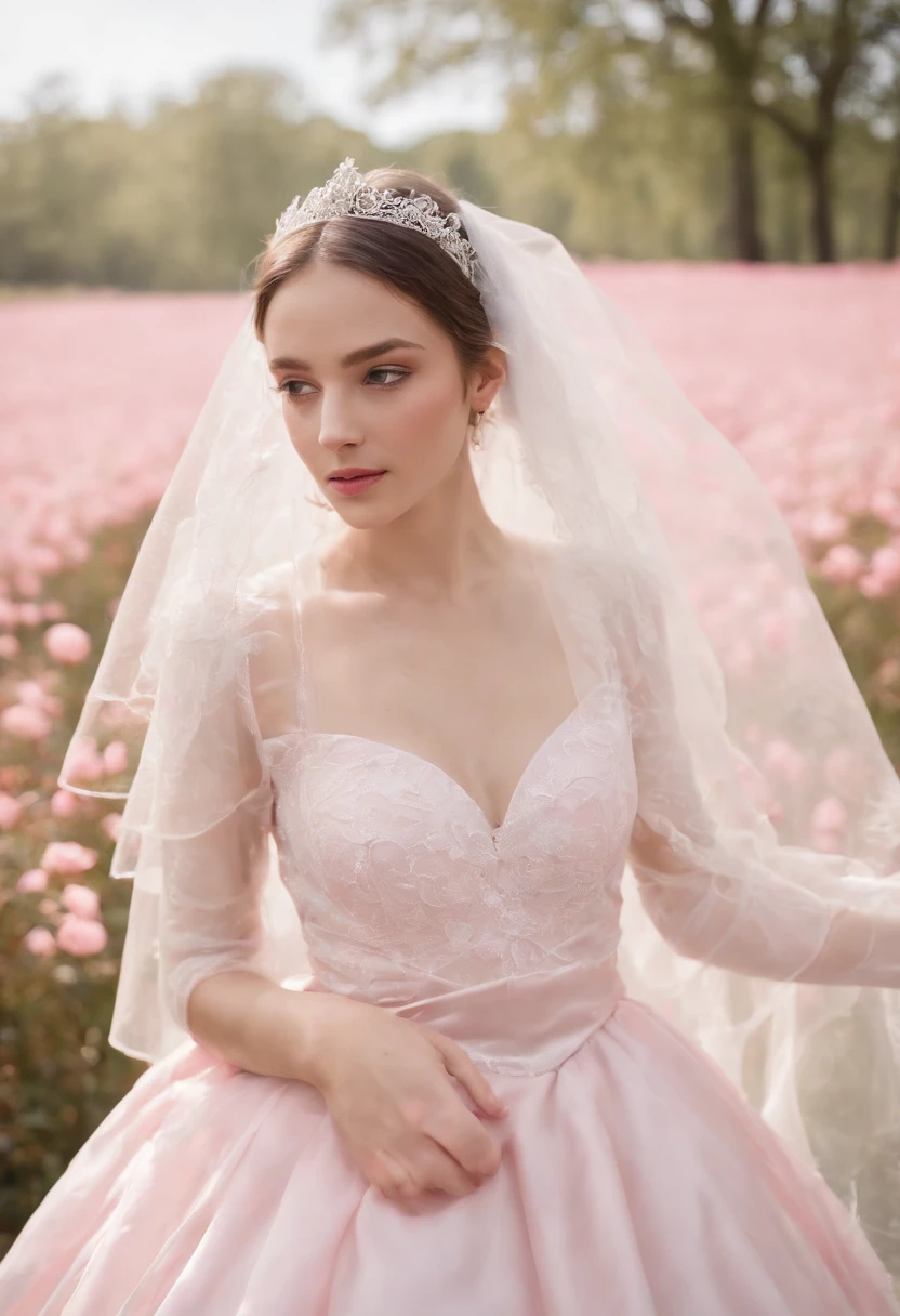 (Full body photograph of 1 girl dressed as a bride with large transparent veil and pink color dress + suave e delicado + cabelos loiros)+(Vestido longo em cores brilhantes, Luz brilhante, Cabelo loiro longo e liso + Olhos brilhantes e acolhedores)+(pink petals + Brisa suave + with blue sky and white clouds + Bosques verdes e floridos)