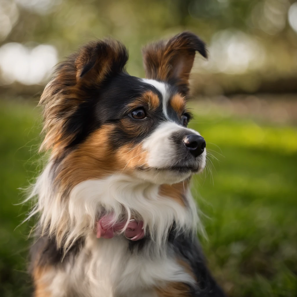 Cao fofo da raca Biewer Terrier filhote ofegante com laco rosa proximo a orelha e uma patinha levantada