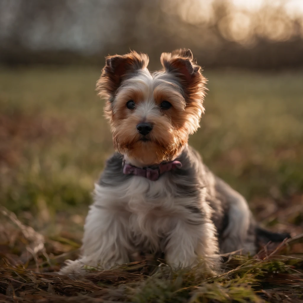 Cao fofo da raca Biewer Terrier filhote ofegante com laco rosa proximo a orelha e uma patinha levantada