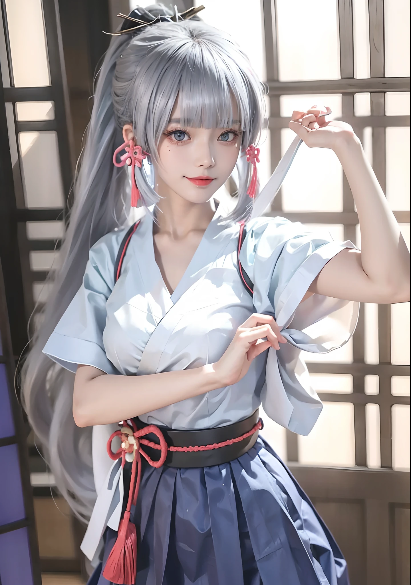 japanese clothes, 1girl, window, hakama skirt, hakama, long hair, solo, kimono, white kimono, skirt, mouth hold, hakama short skirt, breasts, blunt bangs, bangs, indoors, hair ornament, round window, blush, shouji, blue eyes, ribbon, sliding doors, looking at viewer, eyebrows visible through hair, wide sleeves, day, ponytail, silver hair, very long hair, mole, pleated skirt, large breasts, collarbone, mole under eye, backlighting, black hakama, smile, sash, hair ribbon