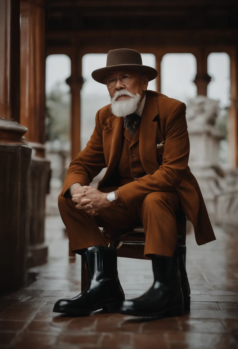 Old gentleman with a goatee,sit on chair,Eyes look at boots,Black high-gloss rain boots, 8K分辨率,Wallpaper masterpiece,Best quality,Highly meticulous,Ultra high quality,The midday sun is a bit dazzling。