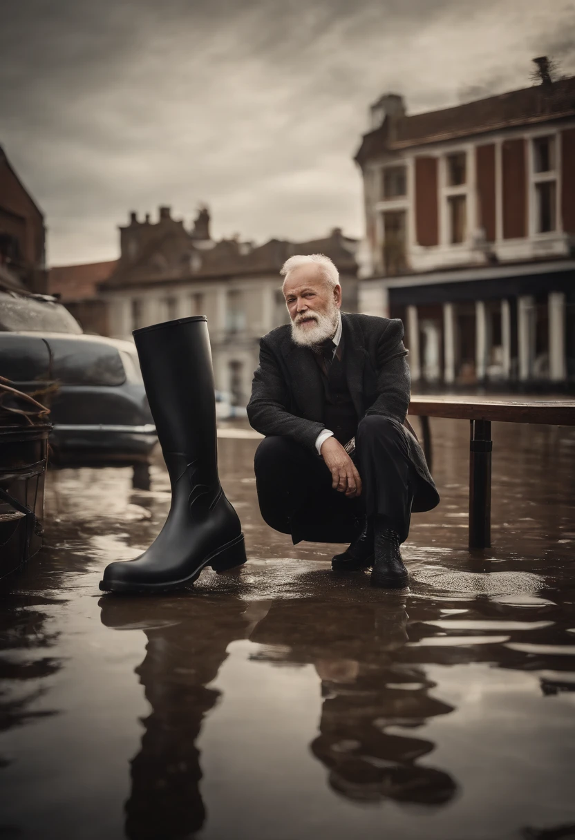 Old gentleman with a goatee，sit on chair，Eyes look at boots，Black high-gloss rain boots, 8K分辨率,Wallpaper masterpiece，Best quality，Highly meticulous，Ultra high quality，The midday sun is a bit dazzling。