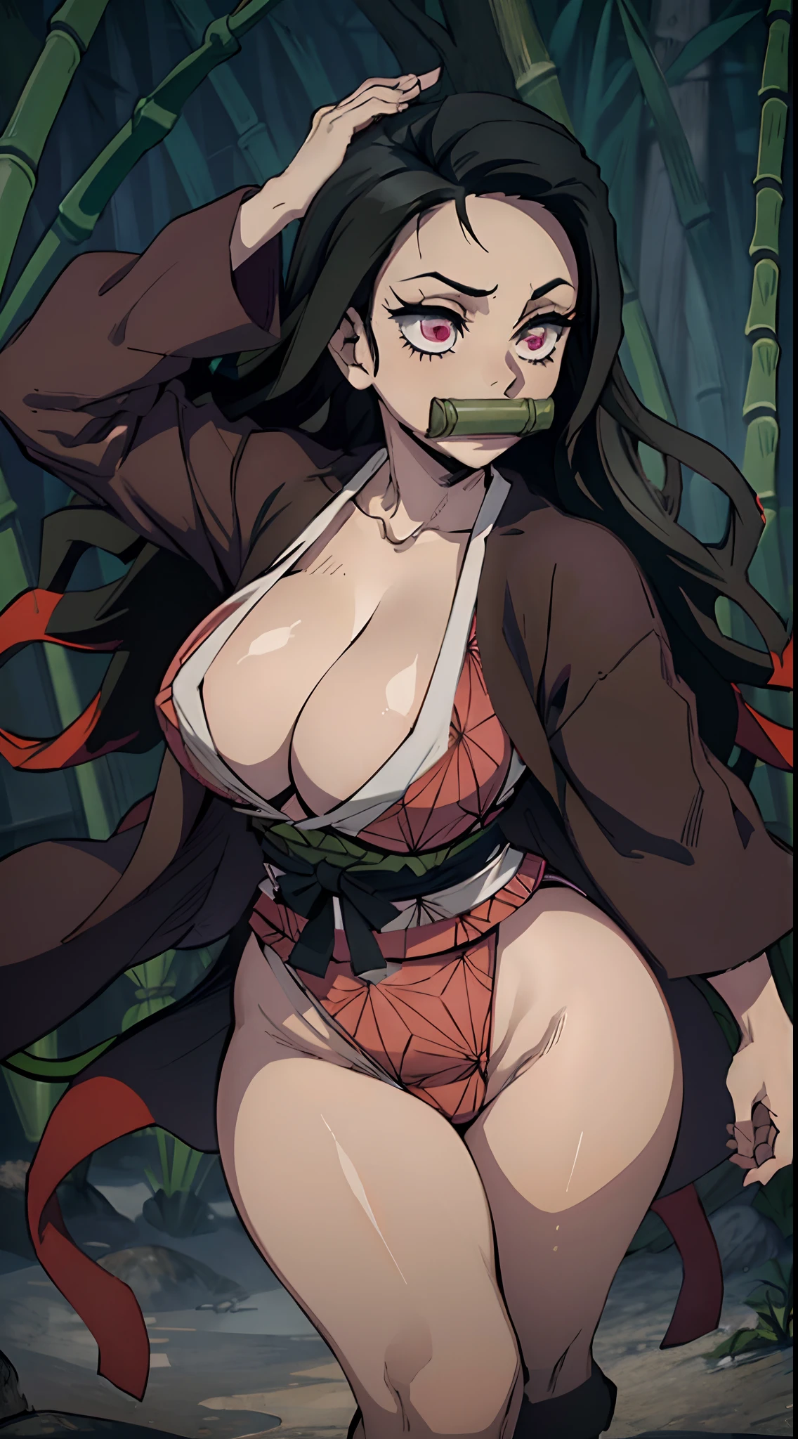 (best quality:1.3), Nezuko Kamado, peituda, clivagem, sedutora, rosto sexy, sexy, body curvy, bunda grande, peitos grandes,((bamboo in the mouth))
