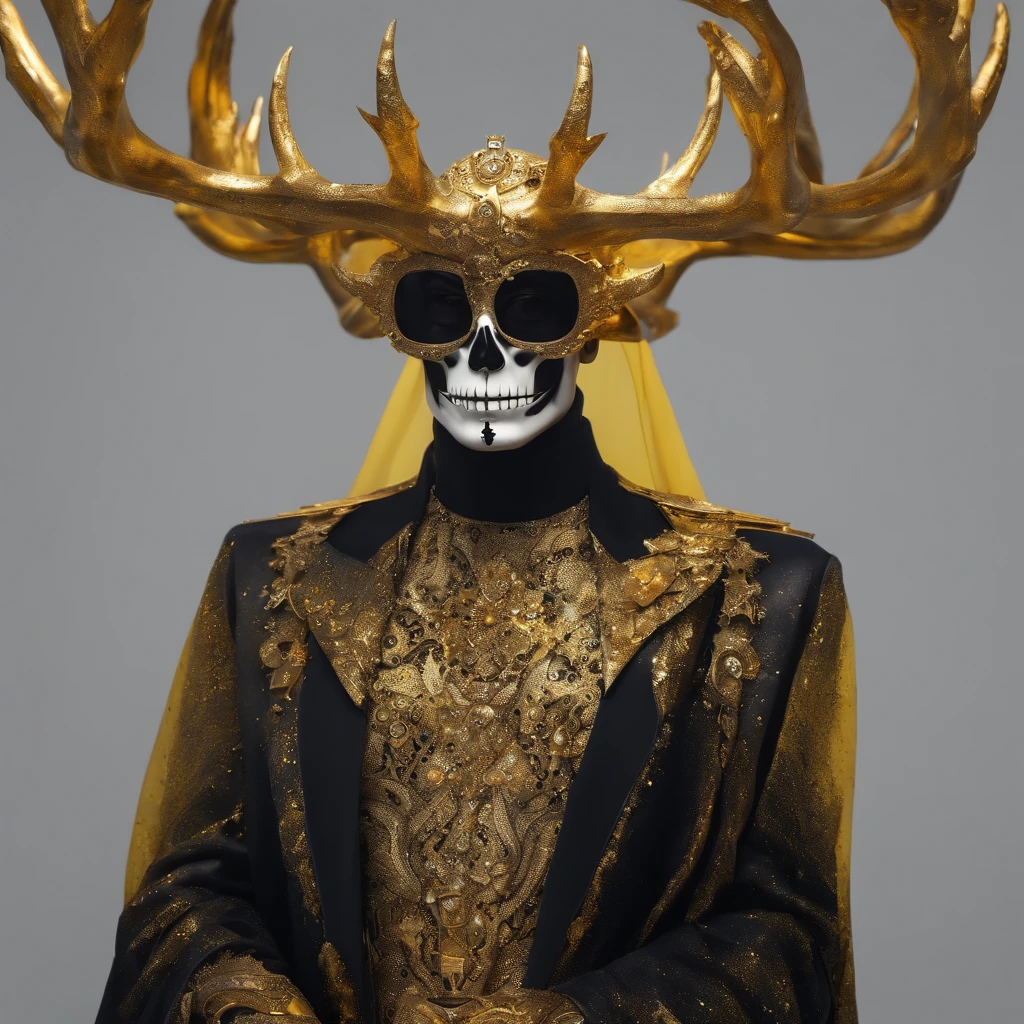 1man, good shape, Bitcoin, cryptocurrency, crypto, a surreal paint splatter painting of the kinginyellow wearing a cloak and a mask, antlers, crown, cosmic background, gold and white and black color scheme, a bad woman in a futuristic suit with a ((skeleton head)) ((which disintegrates)), cybernetic, cyberpunk art, computer art, detailed eyes, (highly detailed skin:1.2), (realistic lighting:1.1), (realistic shadows:1.1), ((best quality)), (detailed), 8k uhd