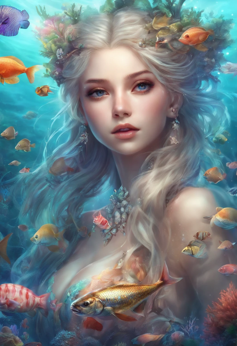 full-body portraits ,Mermaids swimming underwater. Digital illustration, Beautiful long blonde hair and angelic face, 16k, Ultra-high-quality rendering,fantasy-realism, Bokeh,  ultra - detailed, Detailed background full body，Shell jewelry to wear，mermaids（mermaid），beautiful fish tail（Mermaid tail），There are colorful spirit blocks on the tail.Transparent psychological fragments（Colorful scales），Best quality，Masterpiece，ocean floor，greene eyes，White hair，Sparkling，Conceptual art of marine life, Undersea landscape, Marine life，Beautiful coral reefs come in different shapes，，Shine on the face，Front close-up，Highly detailed facial features, beautiful and flawless face,A faint spirit piece appeared on his face， Perfect eyes，full body detailing，There are many colorful fish swimming around，The mystery and beauty of the ocean, The painting depicts an underwater world full of life and vitality, Animated art wallpaper 8 K