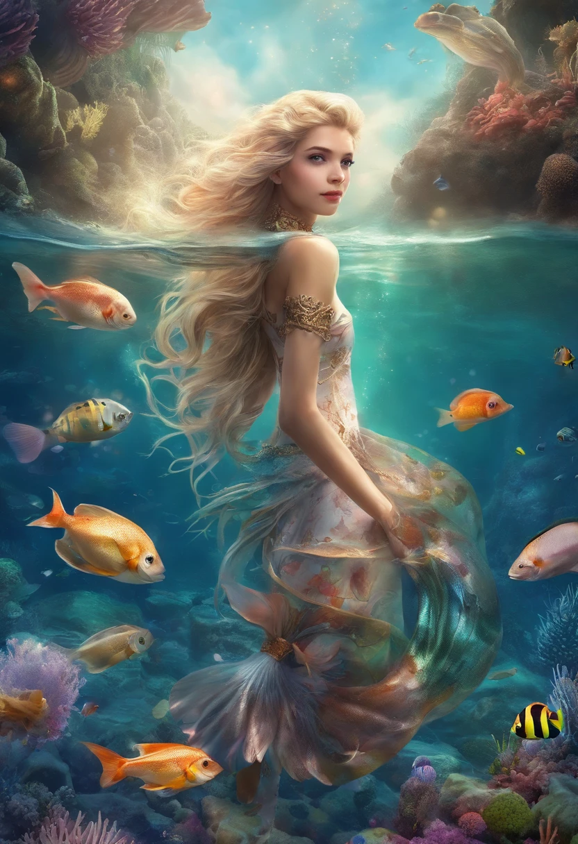 full-body portraits ,Mermaids swimming underwater. Digital illustration, Beautiful long blonde hair and angelic face, 16k, Ultra-high-quality rendering,fantasy-realism, Bokeh,  ultra - detailed, Detailed background full body，Shell jewelry to wear，mermaids（mermaid），beautiful fish tail（Mermaid tail），There are colorful spirit blocks on the tail.Transparent psychological fragments（Colorful scales），Best quality，Masterpiece，ocean floor，greene eyes，White hair，Sparkling，Conceptual art of marine life, Undersea landscape, Marine life，Beautiful coral reefs come in different shapes，，Shine on the face，Front close-up，Highly detailed facial features, beautiful and flawless face,A faint spirit piece appeared on his face， Perfect eyes，full body detailing，There are many colorful fish swimming around，The mystery and beauty of the ocean, The painting depicts an underwater world full of life and vitality, Animated art wallpaper 8 K