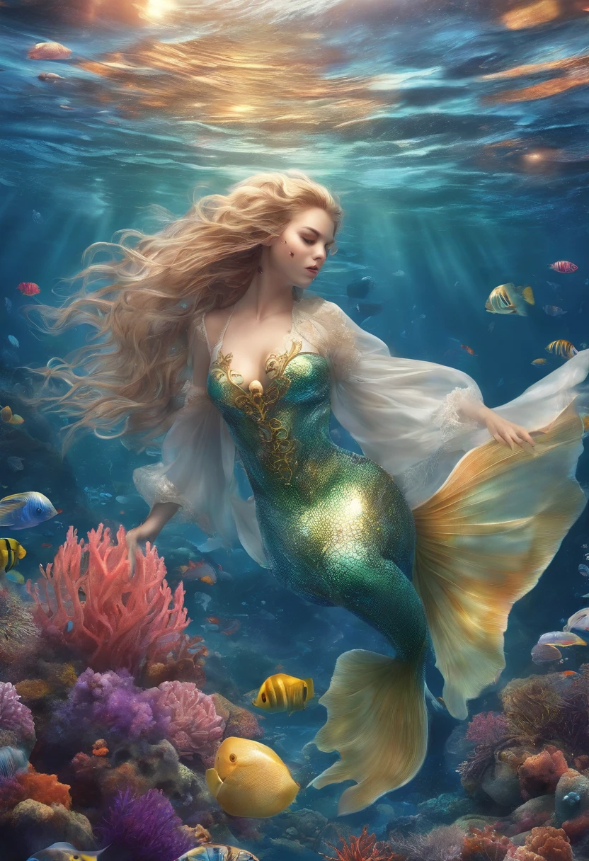 An ethereal rendering of a lady submerged in the depths of the ocean, her body adorned with delicate seashells and her hair flowing freely in the currents.